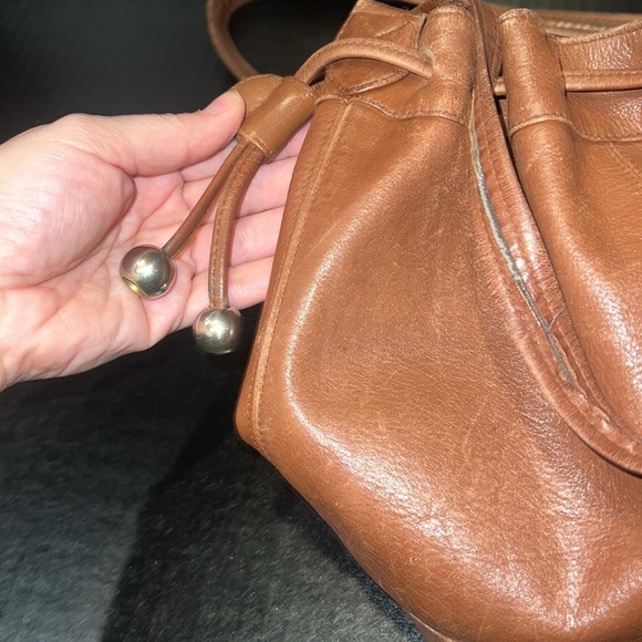 Vintage Brown Leather Drawstring Bucket Bag with Silver Hardware - Picture 3 of 9